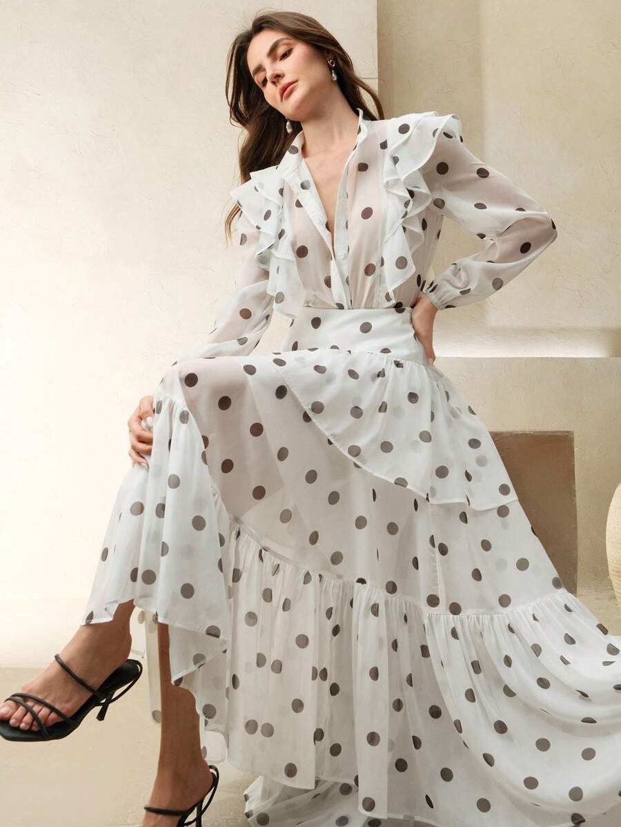 Anewsta 新品春夏真丝荷叶边袖度假衬衫，波点印花中式领泡泡袖衬衫 - 杏色 - 查看 1