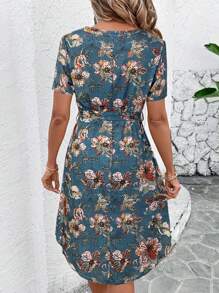 SHEIN Clasi 亚麻度假装女士，夏季优雅女士 V 领亚麻花卉印花插肩袖系带腰部 A 字形连衣裙，适合多种场合，日常通勤，旅行均可 - 藍色 - 查看 2