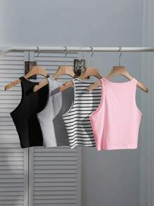 SHEIN EZwear 4件套女士休闲黑白条纹性感修身吊带背心，夏季上衣 - 彩色 - 查看 2