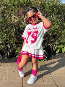 2pcs Young Girls Basketball Jersey Outfit, Numeric Print T-Shirt And Skirt Set, Casual Daily Fashion Versatile Streetwear