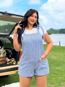 SHEIN EZwear 夏季最新款蓝白条纹梭织印花连体裤 - 彩色 - 查看 4
