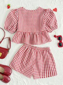 SHEIN 2pcs/Set Tween Girl Loose Plaid Puff Sleeve Bowknot Shirt And Casual Shorts, Suitable For Spring/Summer, Daily Wear, Outdoor, Spring Trip, Back To School