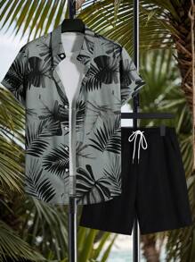 Manfinity VDAYZ Conjunto de camisa y pantalones cortos casuales con estampado tropical para hombres en vacaciones, incluye trajes de baño tropicales y camisas hawaianas