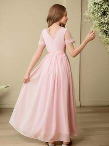 SHEIN 青少年女孩夏季优雅纯色网眼拼布连衣裙 - 粉色 - 查看 2