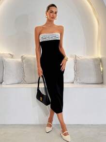 Lavishia Black & White Contrast Color Block Lace Trim Fitted Mid-Length Dress For Women, Elegant, Fashion, Romantic, Everyday Wear, Summer  Classy Outfits For Women  Elegant Dresses For Women Festival Outfits Concert Outfits For Women      Elegant Dresses For Women Outfits For Women Beach Outfits For Woman Beach Vacation Outfits  Summer Outfits For Women  Sexy Dresses For Women Cruise Outfits Women - Black and White - View 4