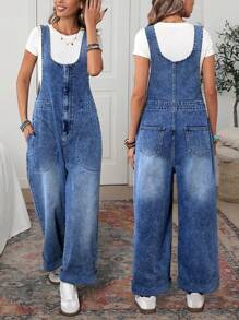EMERY ROSE Loose Casual No Stretch Zipper Pocket Washed Denim Bib Overall Wide-Leg Pants - Dark Wash - View 5