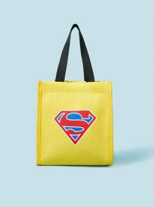 SUPERMAN X SHEIN Geantă de prânz portabilă cu imprimare grafică galbenă, genți funcționale, geanți de prânz, genți frigorifice