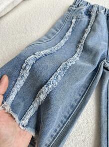 SHEIN LMoss Kids 女宝宝水洗浅蓝色阔腿牛仔裤，春夏休闲度假风 - 淺色水洗藍 - 查看 8