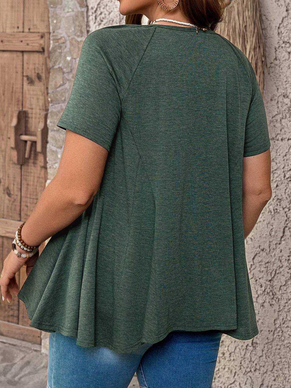 Plus Size Dark Green Summer T-Shirt For Women,Smart Casual Everyday Boho Tops,Bohemian Round Neck Button Front Raglan Sleeves Loose Fit Casual Wear