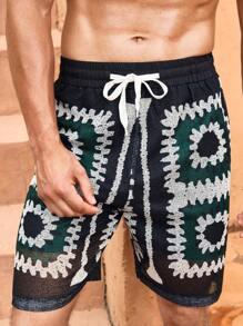 Manfinity VCAY Men's Slim Fit Digital Print Breathable Mesh Fabric Casual Shorts, Suitable For Summer