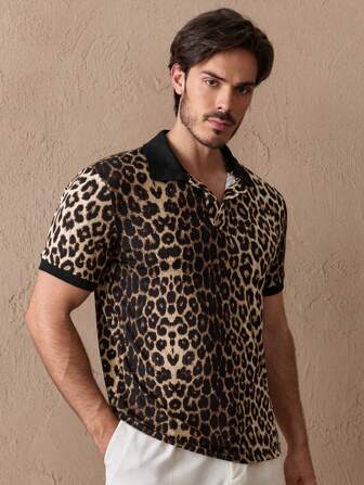 HIMLAND Herren Poloshirt Mit Leopardenmuster Und Halbem Knopfkragen Im Vintage-stil, Geschenk Für Den Freund