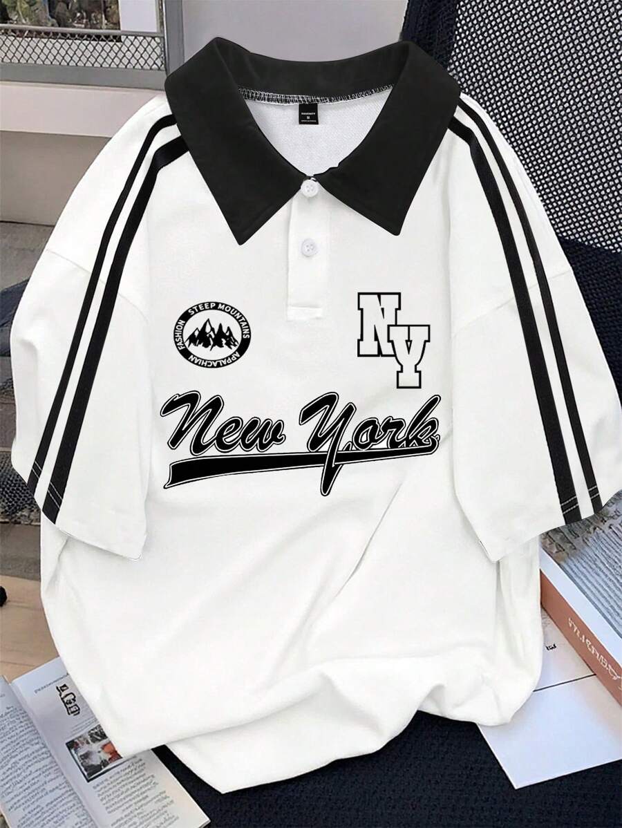 Manfinity Campus Court Camisa polo informal y para ir a trabajar de manga corta con rayas y estampado de letras para hombres - Blanco y Negro - Ver 1