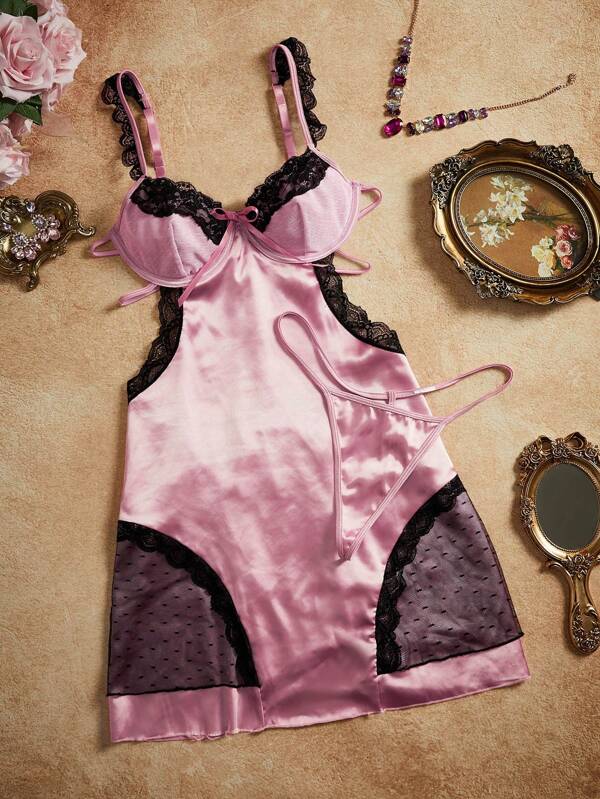 PinupPomp 2pcs Silk-Like Lace Lingerie Set For Women - Nightgown With Underwire And Thong Panty