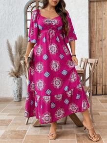 SHEIN LUNE Vestito da vacanza estivo con stampa all-over e orlo con volant, adatto anche per laurea, per taglie comode