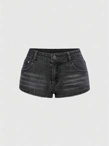 ROMWE Grunge Punk 女款 Y2K 复古超低腰 Y2K 迷你破洞牛仔短裤 - 黑色 - 查看 1