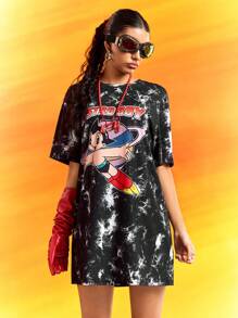 Astro Boy X SHEIN Round Neck Short Sleeve Loose Summer Comfort, Cartoon Casual Street Cool, Black And White Tie-Dye English Letter Graphic Women's Short Dress