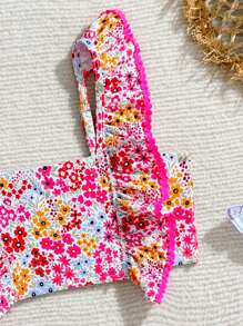 Ensembles de bikini à fleurs soyeuses pour jeunes filles, Top avec bordure florale rose, 2 pièces de maillot de bain, style élégant et décontracté, convient pour la natation, les vacances, l'été