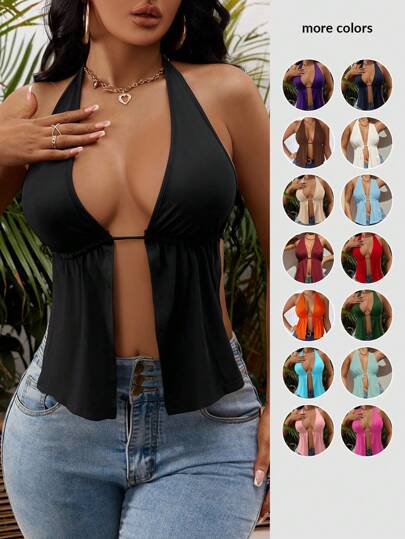 SHEIN SXY Top negro de verano con abertura frontal, espalda descubierta y cuello halter anudado