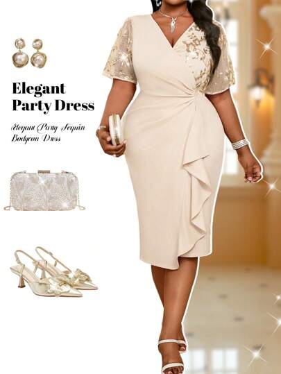 Fleurora Spring And Summer Elegant Party Wedding Cocktail Party Concert/Music Festival Khaki Knitted Overlap Collar Contrast Sequin Midi Short Sleeve Plus Size Dress,Formal Dresses For Women