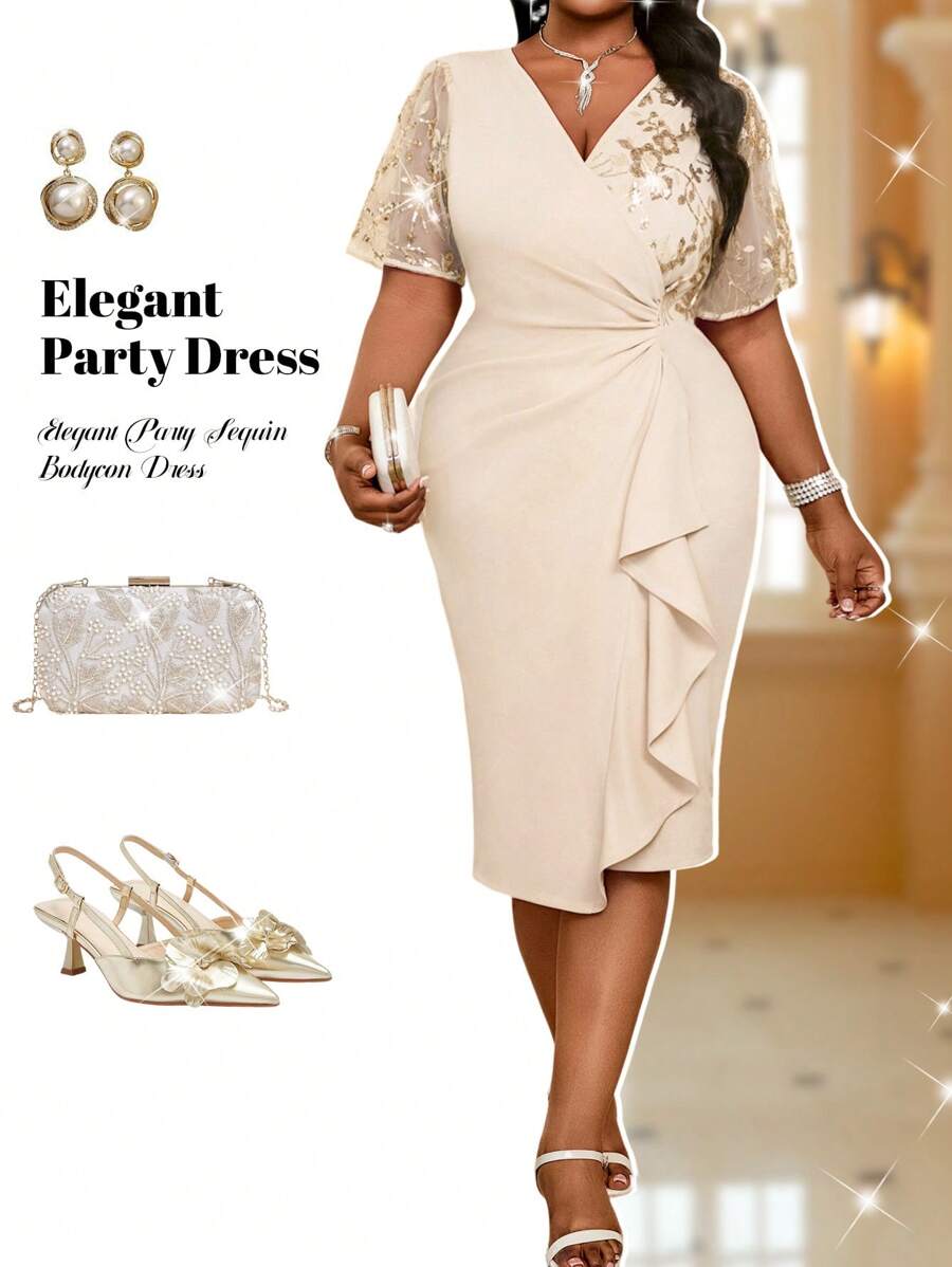 Fleurora Vestido elegante de manga corta con cuello superpuesto de punto en color caqui, con detalles de contraste con lentejuelas, ideal para fiestas, bodas, eventos y festivales de música, talla grande, vestidos formales para mujeres