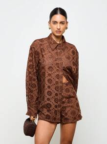 AiiRZ Broderie Anglaise Oversized Shirt With Back Cinched Waist Button Detail - Coffee Brown - View 1