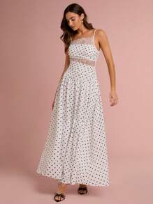 Enchnt Women's White With Black Polka Dots Summer Elegant Party Dress,Retro Lace Patchwork Hollow Spaghetti Straps Maxi Sun Dresses For Vacation&Wedding - White - View 4