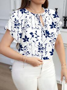 Reflora Áo sơ mi họa tiết hoa màu xanh và trắng cổ tròn tay ngắn dáng rộng thoải mái cỡ lớn, phù hợp cho mùa thu/đông - Xanh và trắng - Xem 3