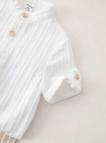 SHEIN 2pcs Babyboy Cute Casual College Style Grey Collared Shirt And Striped Elastic Waist Pants Set, Suitable For Birthday Party, Evening Party, Wedding, Baby Shower, Christening And 1st Birthday Celebration