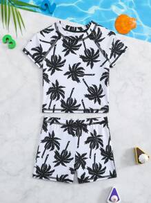 男婴棕榈树印花插肩袖泳衣套装 男婴沙滩装 儿童沙滩装 男童沙滩装 男婴度假装 - 黑與白 - 查看 6