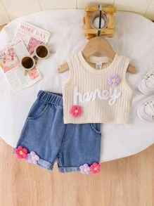 Bébé fille 2024 Nouveau Top sans manches rose pur fleur + short en jean fleur, été