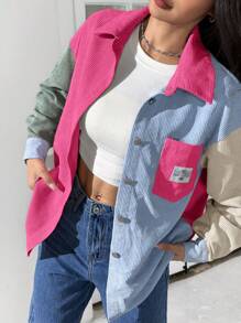 SHEIN EZwear Plus Size Casual Colorblock Patchwork Long Sleeve Jacket Winter Fall Autumn - Hot Pink - View 2