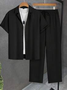 Manfinity Homme Ensemble deux pièces pour hommes, chemise à manches courtes de couleur unie simple et pantalon long d'été. Tenue décontractée