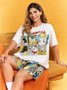 Astro Boy X SHEIN Conjunto de pijama de talla grande cómodo y casual de verano con top blanco y shorts holgados con estampado de dibujos animados