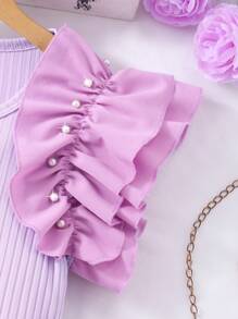 2pcs/Set Tween GirlsRibbed Pearl Trim Sleeveless Top & Solid Bow Skirt Shorts Casual Summer Outfit