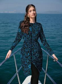 Swim Shayni 女士瓷器印花蓝色布基尼两件套，带可拆卸罩衫，适合海滩、度假穿着 - 彩色 - 查看 6