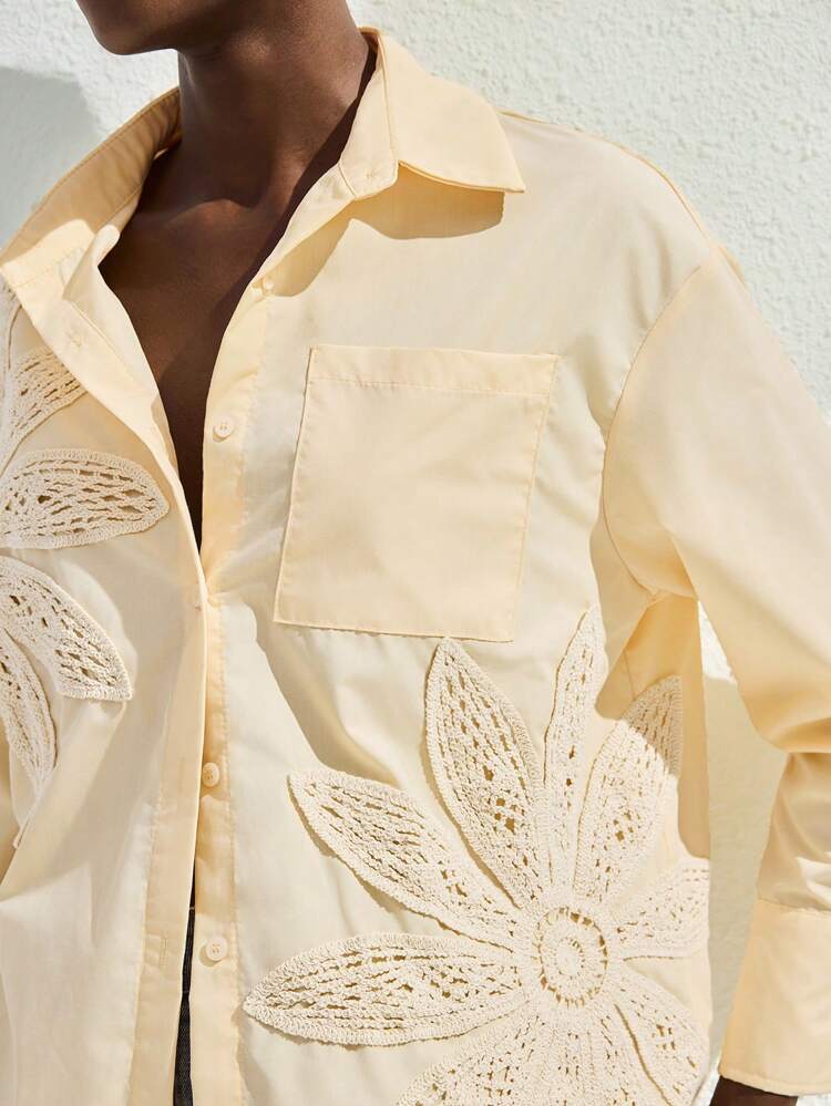 SHEIN Maija Women's Pale Yellow Crochet Embellished Loose Fit Blouse,Elegent Tea Party Button Down Shirt,Autumn Boho Drop Shoulder Top For Country Music Festival