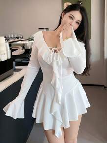 DAZY Đầm ngắn bó sát cổ bẻ xếp nếp chắp vá màu trơn, màu trắng - Màu be - Xem 7