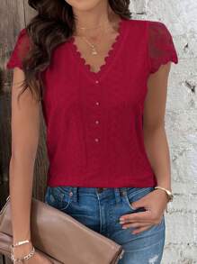 SHEIN Frenchy Women's Lace Patchwork Short Sleeve Textured Fabric Summer T-Shirt Christmas Casual - Red Violet - View 2