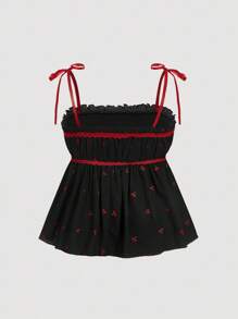 SHEIN MOD Plus Size Women Cherry Print Ruched Tie Bow Camisole - Black - View 2