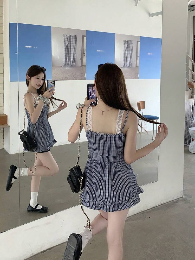 Women's Plaid Contrast Color Lace Trim Tank Top Sleeveless Top, Casual Summer