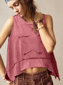 Bohemela Tricou casual pentru femei, de culoare simplă, tricotat cu gâtul turn, fără mâneci, tiv asimetric, cu broderie cu stele în cinci colțuri - Roz praf - Vizualizare 4