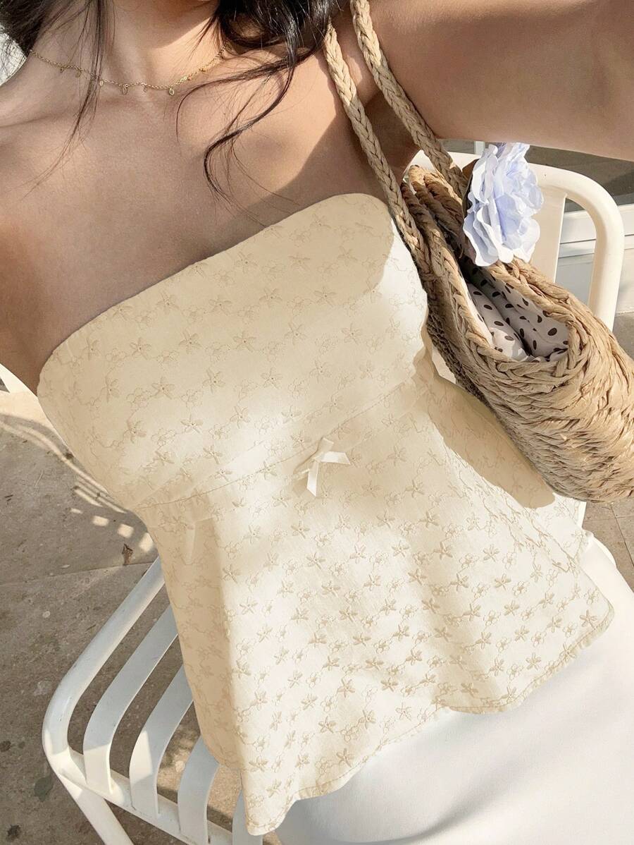 SHEIN SunnyBelle Vacation Floral Embroidery Bow Decor Bandeau Top - Champagne - View 1