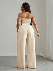 Slaydiva 2pcs Plus Size Fashion Set, Bandeau Top And Long Pants, Suitable For Summer - Apricot - View 5