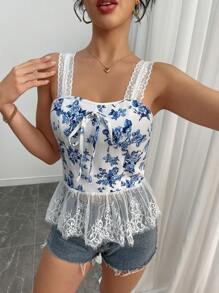 SHEIN Clasi Áo ba lỗ in hoa ren viền bèo nhún cho nữ, áo babydoll - Nhiều màu - Xem 6