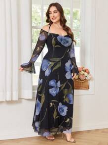 Modelyn Women's Off-Shoulder Floral Print Elastic Waist Flared Dress, Elegant Romantic Plus Size - Multicolor - View 3