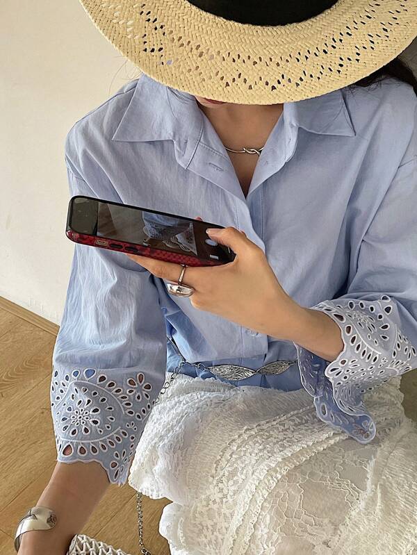 DAZY 1 stuk elegante geperforeerde geborduurde losse blouse voor dames, zomer
