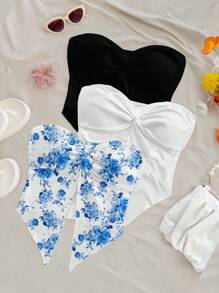 Soleia 3 件套休闲度假风格蓝瓷花卉印花黑白不均匀下摆抹胸上衣套装，适合女性夏季海滩度假