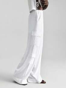 Ontre 2025新款女士休闲度假风3D工装口袋亚麻材质松紧腰长裤，适合音乐节、演唱会、乡村音乐节 - 白色 - 查看 7