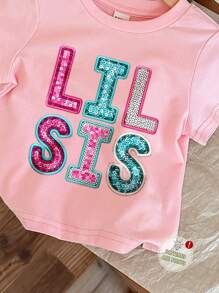 SHEIN Leap Crew Áo thun cổ tròn tay ngắn thường ngày dễ thương "Lil Sister" cho bé gái, phù hợp cho mùa hè - Nhiều màu - Xem 4