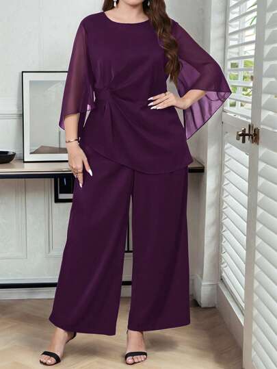 Reflora Conjunto de 2 piezas de talla grande para mujer con camisa de manga abullonada con drapeado en la cintura y pantalones de pierna ancha de unicolor